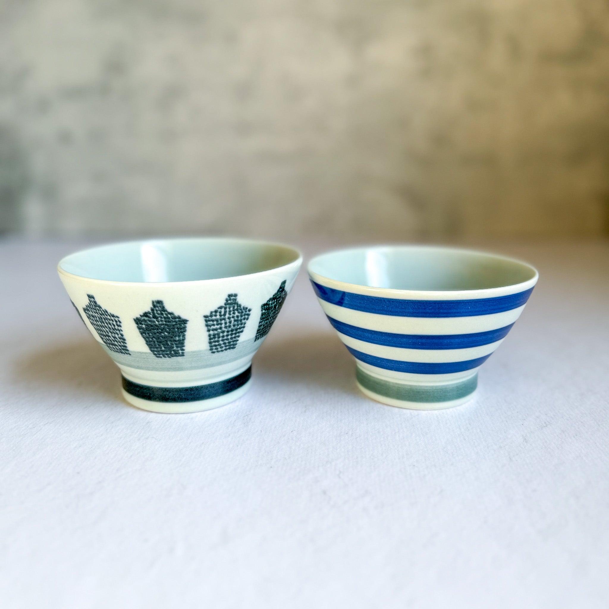 Hasami Porcelain Rice Bowl Set : Kurawanka Bowls "Bottle and Border" - Nagamochi Shop
