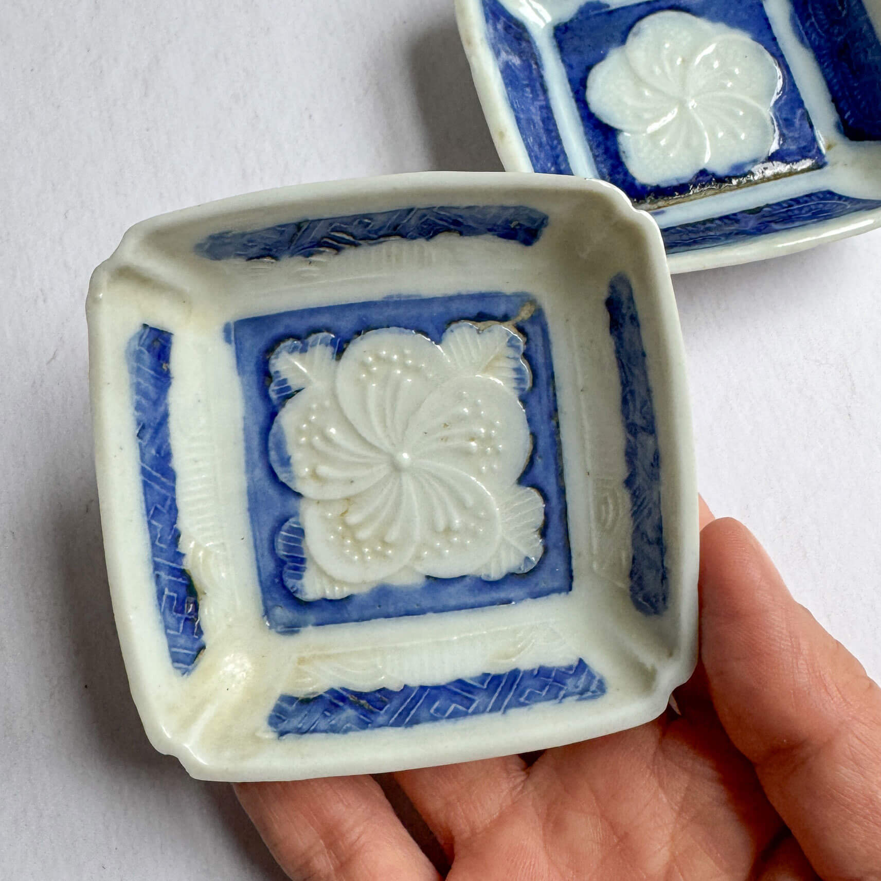 Vintage Square Soy Sauce Dish with Plum Blossom Relief