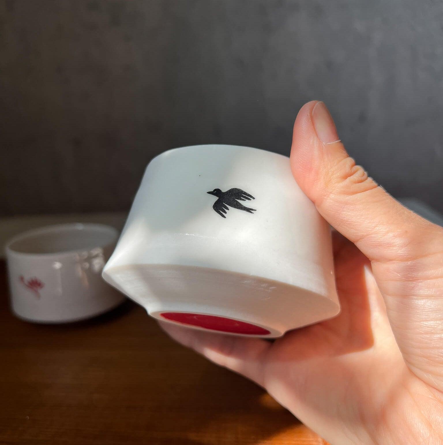 Local Handmade Stackable Tea Cup : Raven and Silk Tree Flower - Nagamochi Shop