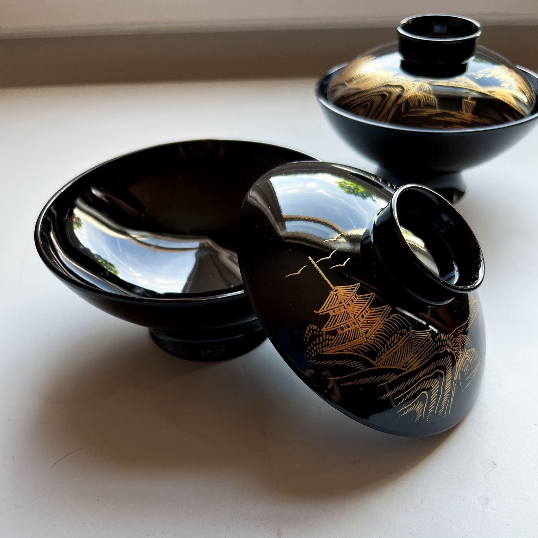 Vintage Japanese lacquerware soup bowls - Nagamochi Shop