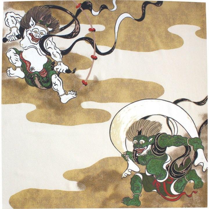 Chirimen art furoshiki "Fujin Raijin" 68x68 cm - Nagamochi Shop