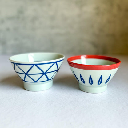 Hasami Porcelain Rice Bowl Set : Kurawanka Bowls &quot;Leaf and Lattice&quot; - Nagamochi Shop