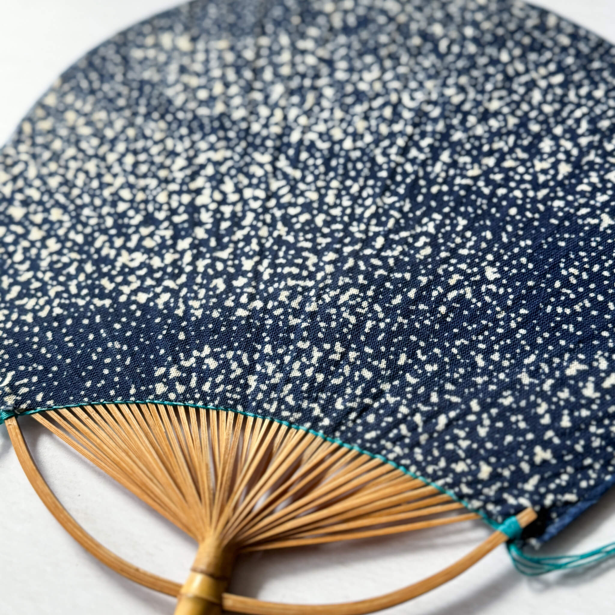 Pre-Owned Japanese Fabric Uchiwa Fan with Long Bamboo Handle