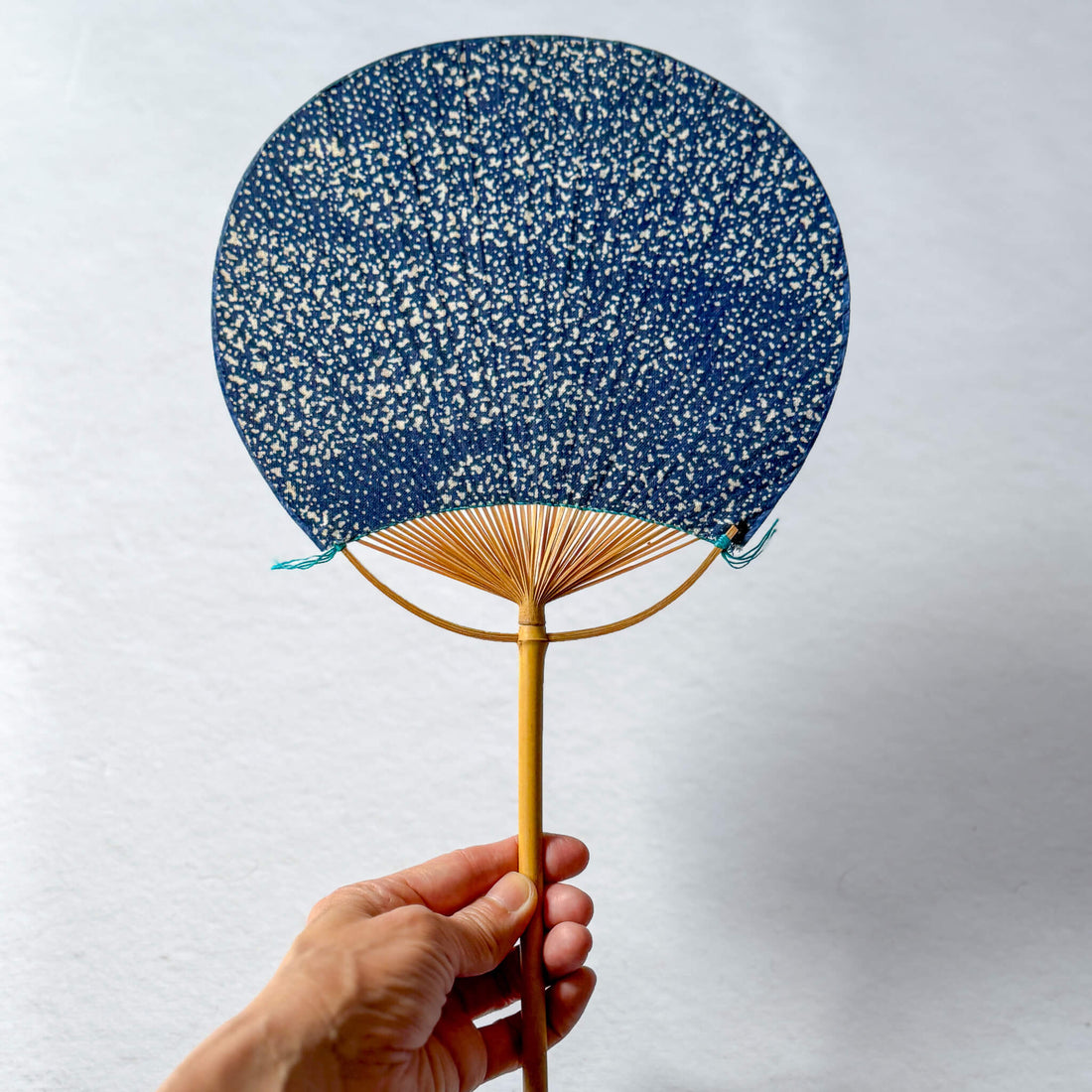 Pre-Owned Japanese Fabric Uchiwa Fan with Long Bamboo Handle
