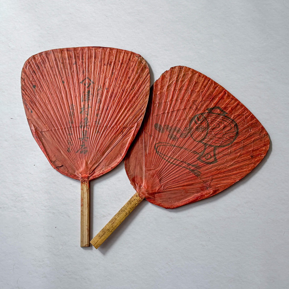 Vintage Japanese Shibu Uchiwa Fans with Hand-Painted Lucky Mallets